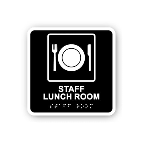 2 (Pieces) 3" and 5" Staff Lunch Room Sign with Cutlery Icon and Braille Sticker, Waterproof Vinyl D