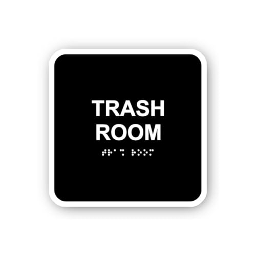 2 (Pieces) 3" and 5" Black with 'Trash Room' and Braille Sticker, Waterproof Vinyl Decals for Many P