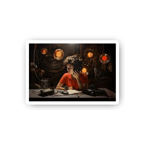 2 (Pieces) 3" and 5" Woman with Headphones Operating Retro-Futuristic Equipment Sticker, Waterproof