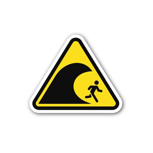 2 (Pieces) 3" and 5" Tsunami Hazard Caution Warning Sticker, Waterproof Vinyl Decals for Many Purpos