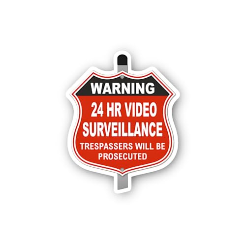 2 (Pieces) 3" and 5" Red Shield Warning 24 HR Video Surveillance Sticker, Waterproof Vinyl Decals fo