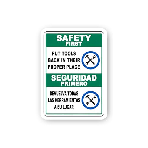 2 (Pieces) 3" and 5" Bilingual Safety First: Put Tools Back in Their Proper Place Sign Sticker, Wate
