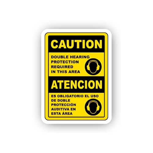 2 (Pieces) 3" and 5" English and Spanish Double Hearing Protection Caution Sticker, Waterproof Vinyl