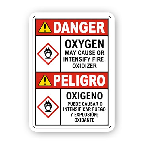 2 (Pieces) 3" and 5" Bilingual Oxygen Oxidizer Danger Sign Sticker, Waterproof Vinyl Decals for Many