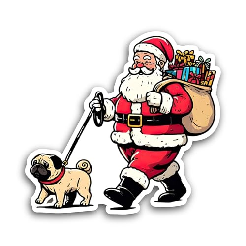 2 (Pieces) 3" and 5" Pug Dog Santa Claus Sticker, Waterproof Vinyl Decals for Many Purpose Like Cars