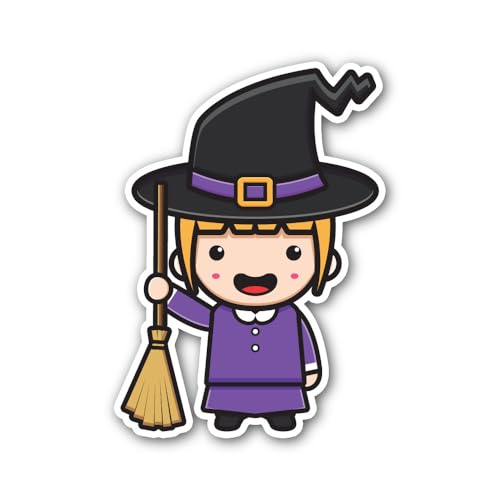 2 (Pieces) 3" and 5" Cute Witch Mascot Character & Purple Colour Sticker, Waterproof Vinyl Decals fo