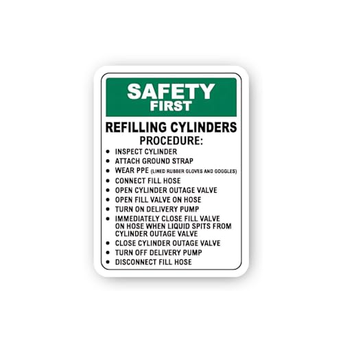 2 (Pieces) 3" and 5" Safety First: Refilling Cylinders Procedure Sign Sticker, Waterproof Vinyl Deca