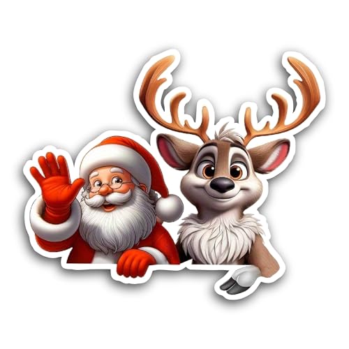 2 (Pieces) 3" and 5" Santa Claus with Reindeer Sticker, Waterproof Vinyl Decals for Many Purpose Lik