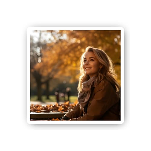 2 (Pieces) 3" and 5" Woman Smiling in a Park with Autumn Foliage Sticker, Waterproof Vinyl Decals fo
