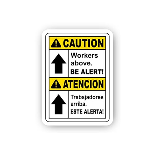2 (Pieces) 3" and 5" Bilingual Caution Workers Above Sign Sticker, Waterproof Vinyl Decals for Many