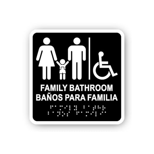 2 (Pieces) 3" and 5" Bilingual Family Bathroom Sign with Accessibility Symbol Sticker, Waterproof Vi