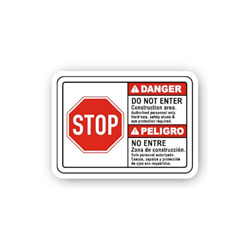 2 (Pieces) 3" and 5" Bilingual Stop Construction Safety Requirements Sticker, Waterproof Vinyl Decal