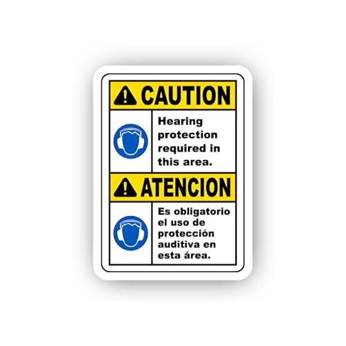 2 (Pieces) 3" and 5" Bilingual Hearing Protection Requirement Sticker, Waterproof Vinyl Decals for M