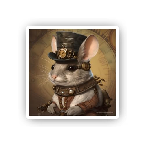 2 (Pieces) 3" and 5" Steampunk Mouse in a Top Hat and Goggles Sticker, Waterproof Vinyl Decals for M
