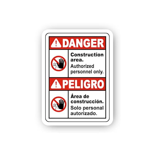 2 (Pieces) 3" and 5" Bilingual English and Spanish Construction Danger Sign Sticker, Waterproof Viny