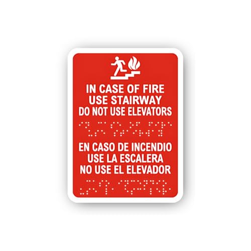 2 (Pieces) 3" and 5" Fire Emergency Instructions: Use Stairway, No Elevators (Bilingual) Sticker, Wa