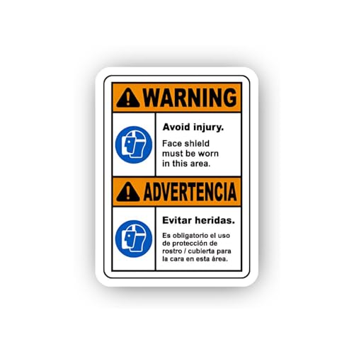 2 (Pieces) 3" and 5" Bilingual Face Shield Injury Warning Sticker, Waterproof Vinyl Decals for Many