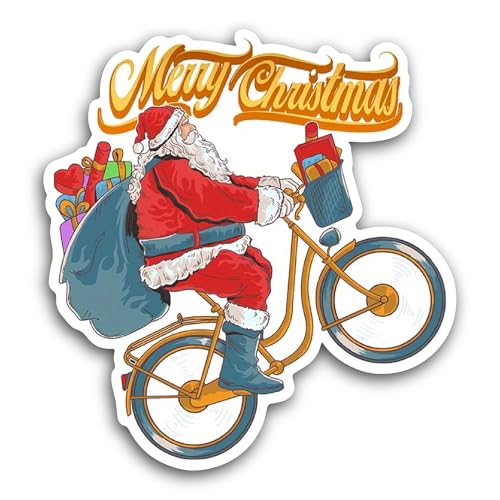 2 (Pieces) 3" and 5" Santa Claus Riding A Bicycle Sticker, Waterproof Vinyl Decals for Many Purpose