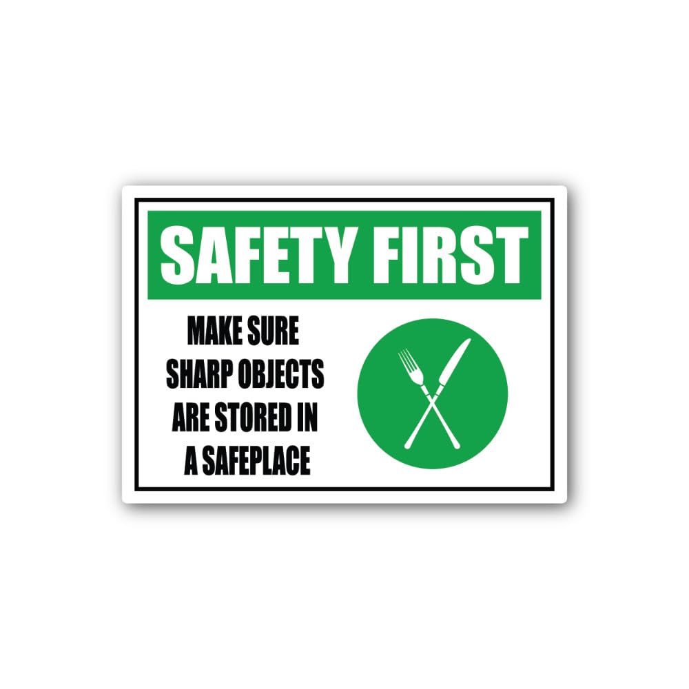 2 (Pieces) 3" and 5" Caution: Sharp Objects. Store Safely After use Sign Sticker, Waterproof Vinyl D