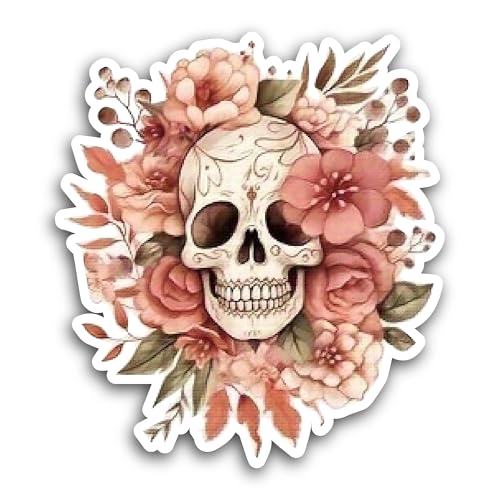 2 (Pieces) 3" and 5" Skull and Pink Flowers Sticker, Waterproof Vinyl Decals for Many Purpose Like C