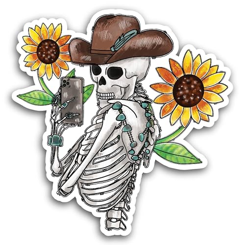 2 (Pieces) 3" and 5" Skeleton with Hat and Sunflowers Sticker, Waterproof Vinyl Decals for Many Purp
