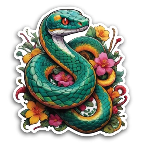 2 (Pieces) 3" and 5" Cartoon Snake with Flowers Sticker, Waterproof Vinyl Decals for Many Purpose Li