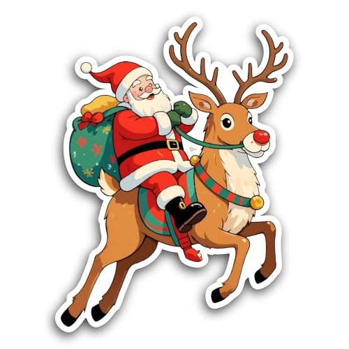 2 (Pieces) 3" and 5" Santa Claus Riding A Deer Sticker, Waterproof Vinyl Decals for Many Purpose Lik
