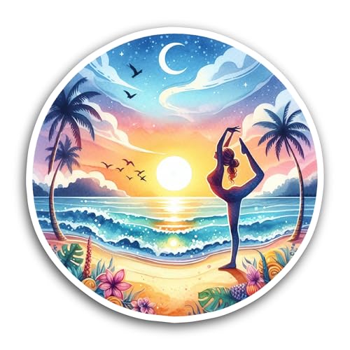 2 (Pieces) 3" and 5" Girl Doing Yoga at Beach Sticker, Waterproof Vinyl Decals for Many Purpose Like