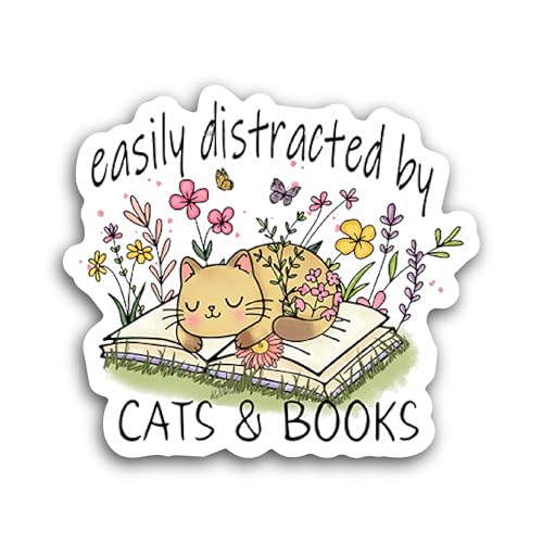 2 (Pieces) 3" and 5" Easily Distracted by Cats and Books Sticker, Waterproof Vinyl Decals for Many P