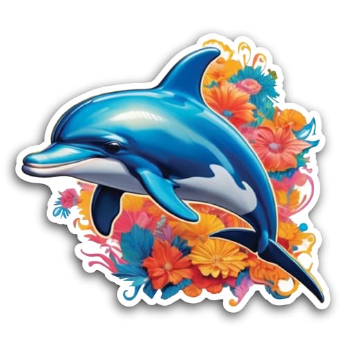 2 (Pieces) 3" and 5" Dolphin with Flowers Sticker, Waterproof Vinyl Decals for Many Purpose Like Car