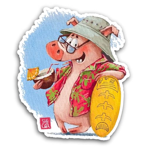 2 (Pieces) 3" and 5" Hawaiian Pig with Sunglasses Sticker, Waterproof Vinyl Decals for Many Purpose