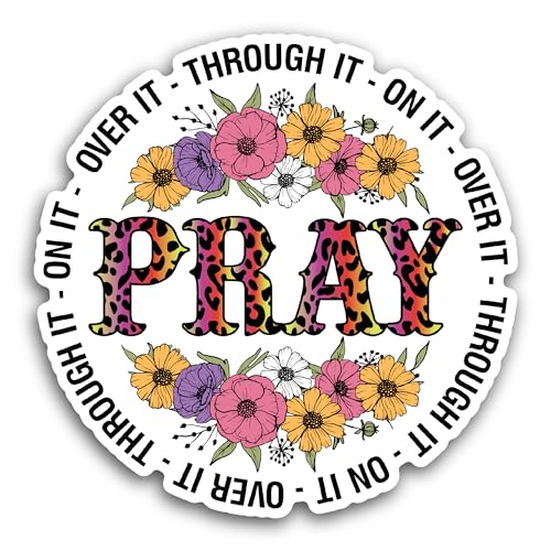 2 (Pieces) 3" and 5" Pray Text on Floral Background Sticker, Waterproof Vinyl Decals for Many Purpos