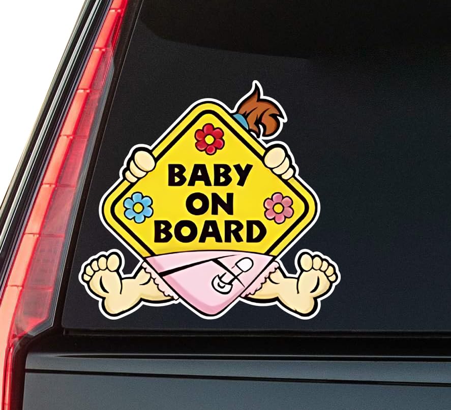 Baby On Board Sign On Yellow Background Window Vinyl Decal Sticker 6" (White), Waterproof Vinyl Deca