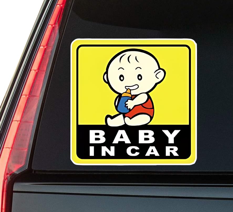 Baby in Car Yellow Background Window Vinyl Decal Sticker 6" (White), Waterproof Vinyl Decals for Man