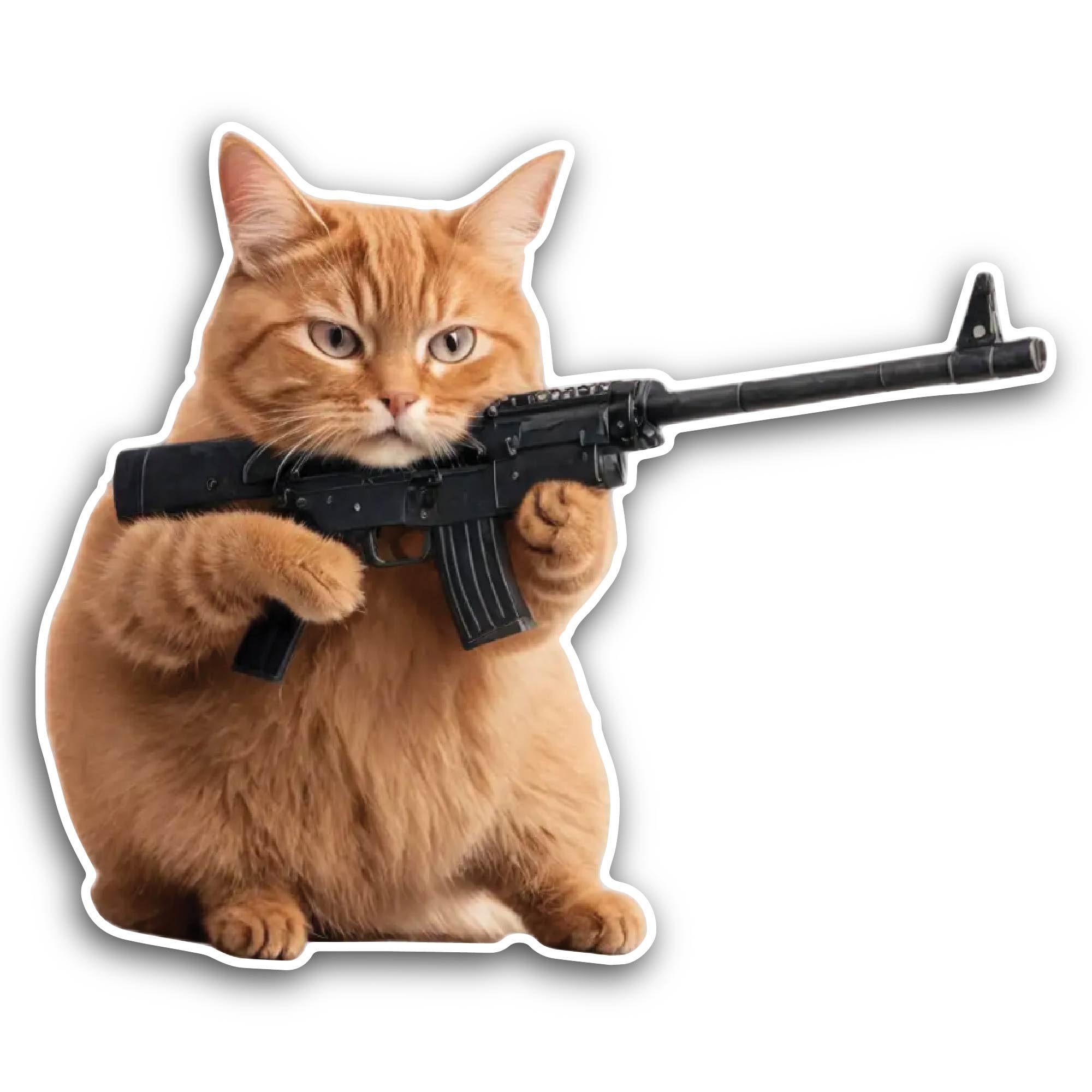 2 (Pieces) 3" and 5" Cat with Gun Sticker, Waterproof Vinyl Decals for Many Purpose Like Cars, Truck