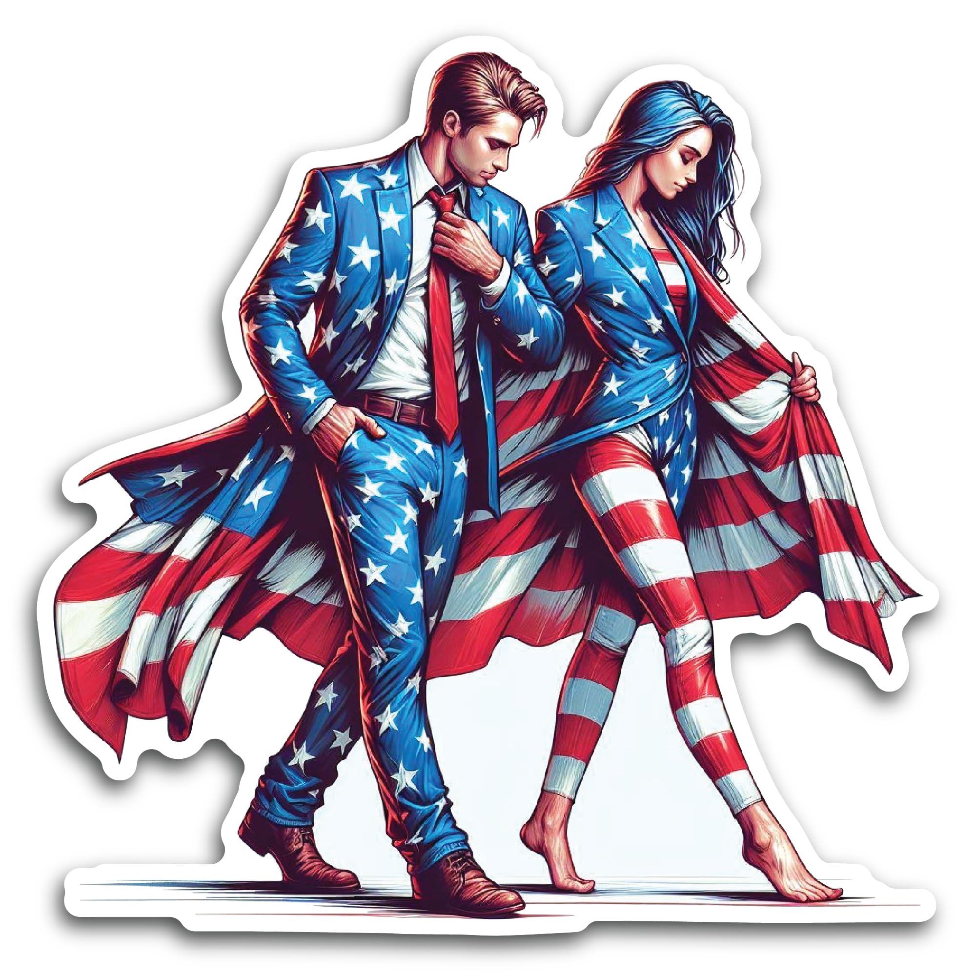2 (Pieces) 3" and 5" Couple Walking with American Flag Attire Decal Sticker, Waterproof Vinyl Decals
