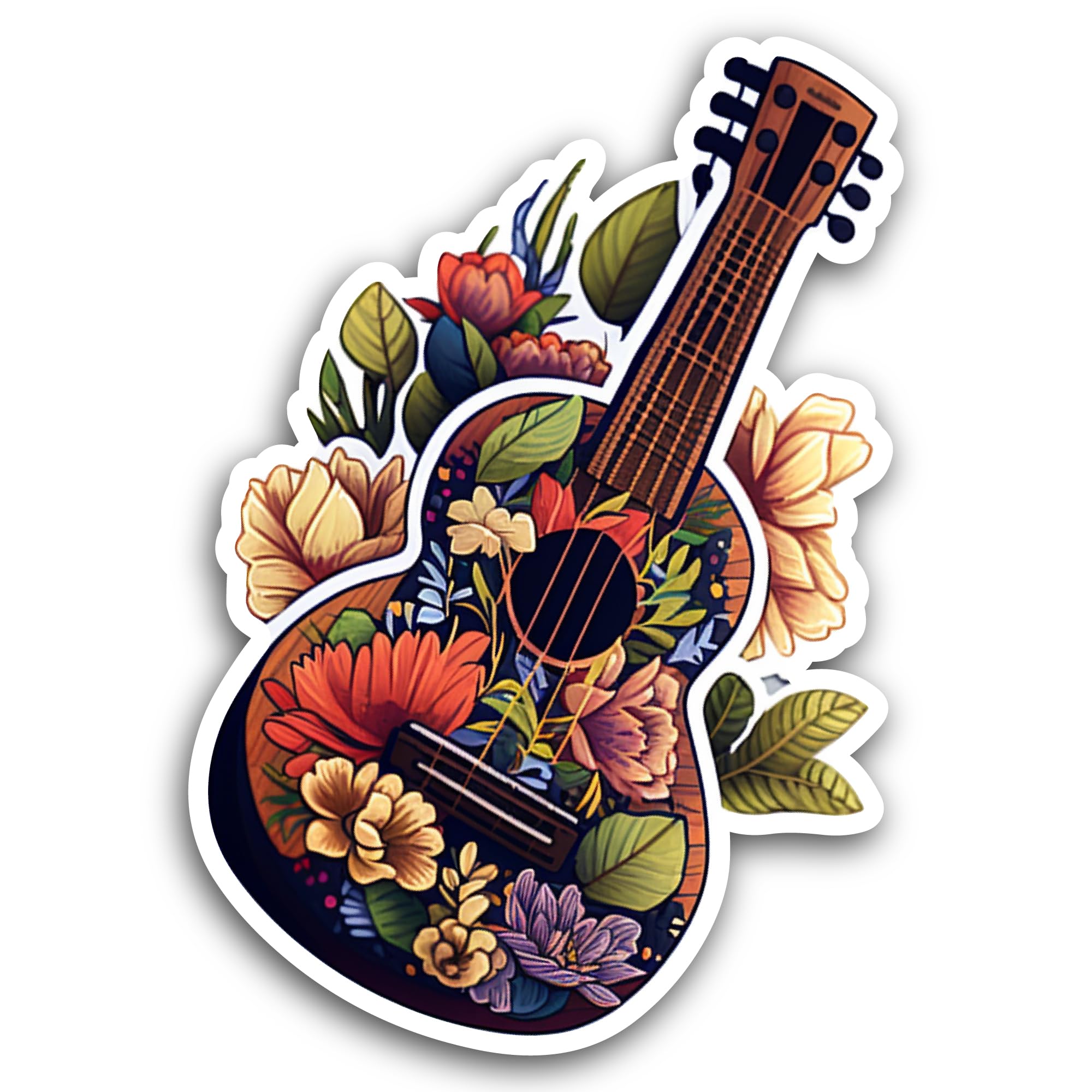 2 (Pieces) 3" and 5" A Guitar and Flowers Sticker, Waterproof Vinyl Decals for Many Purpose Like Car