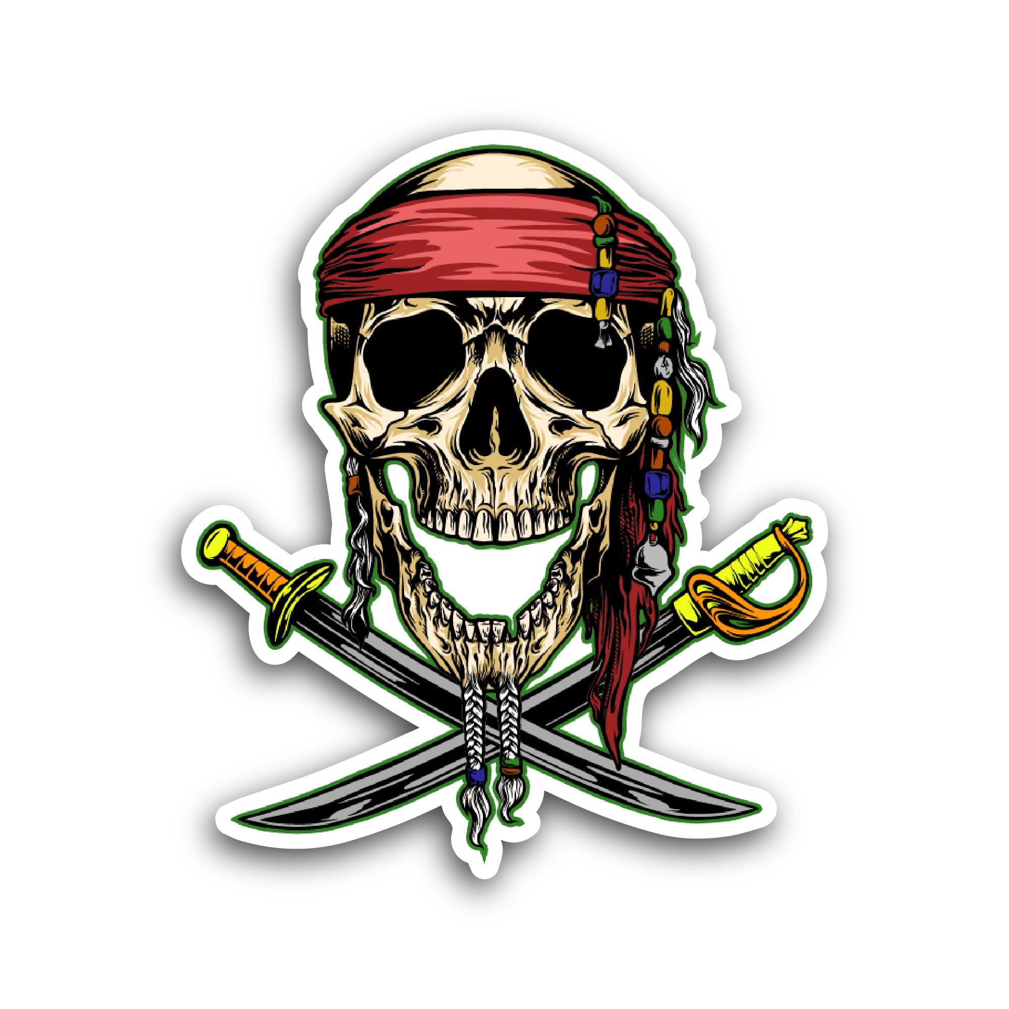 2 (Pieces) 3" and 5" Pirates Skull with Swords Sticker, Waterproof Vinyl Decals for Many Purpose Lik