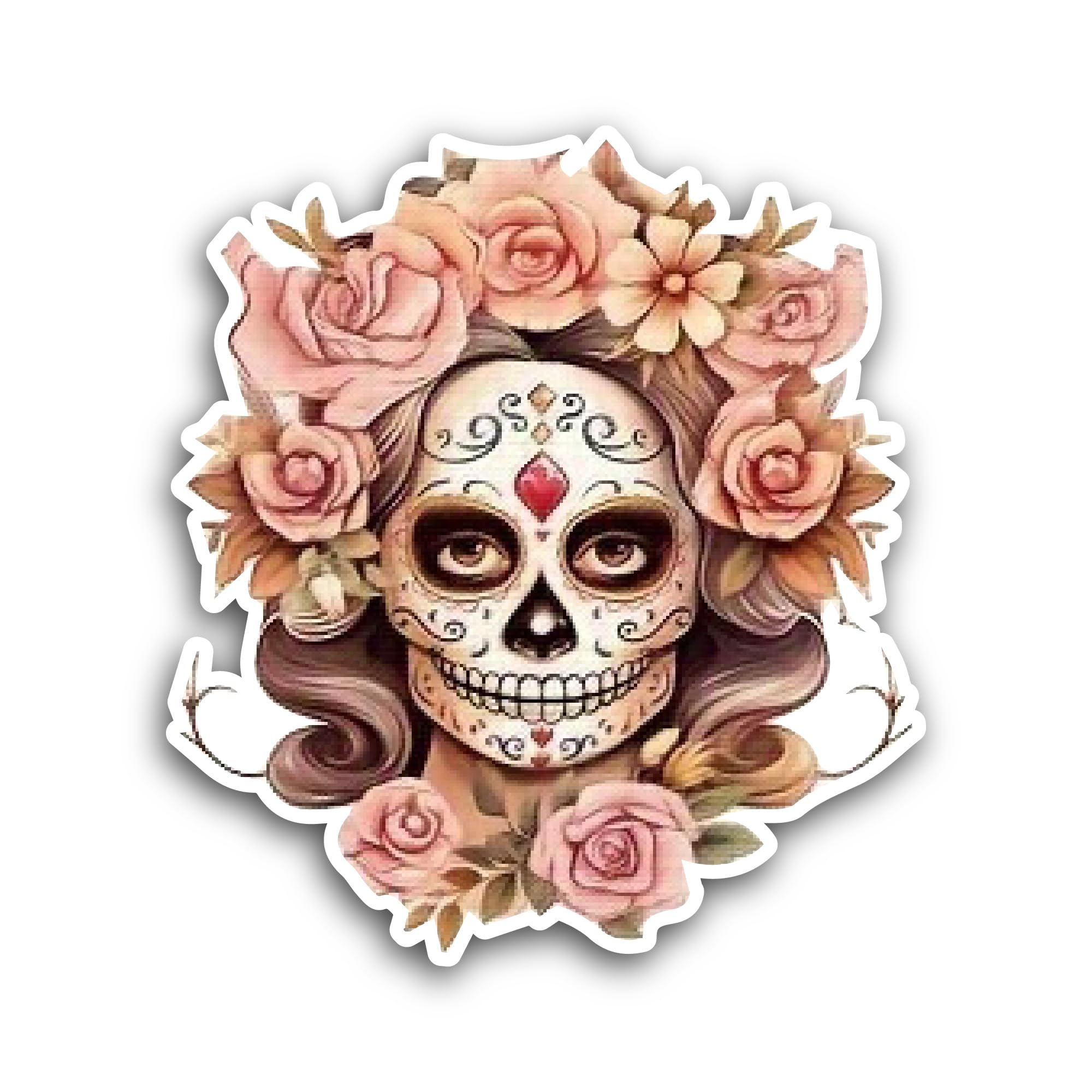 2 (Pieces) 3" and 5" Sugar Skull Girl with Flowers Sticker, Waterproof Vinyl Decals for Many Purpose