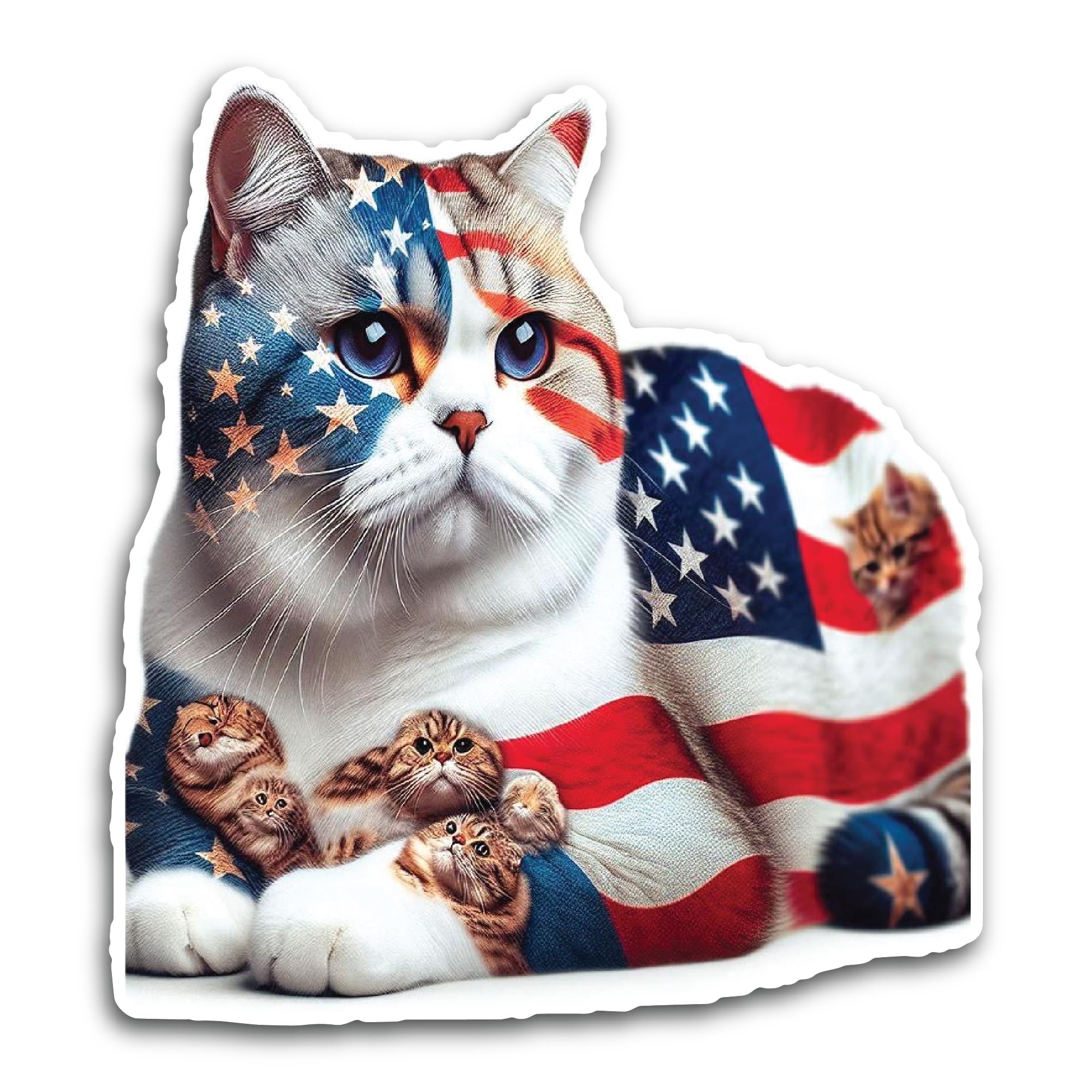 2 (Pieces) 3" and 5" Cat with USA Flag Design Colour Decal Sticker, Waterproof Vinyl Decals for Many
