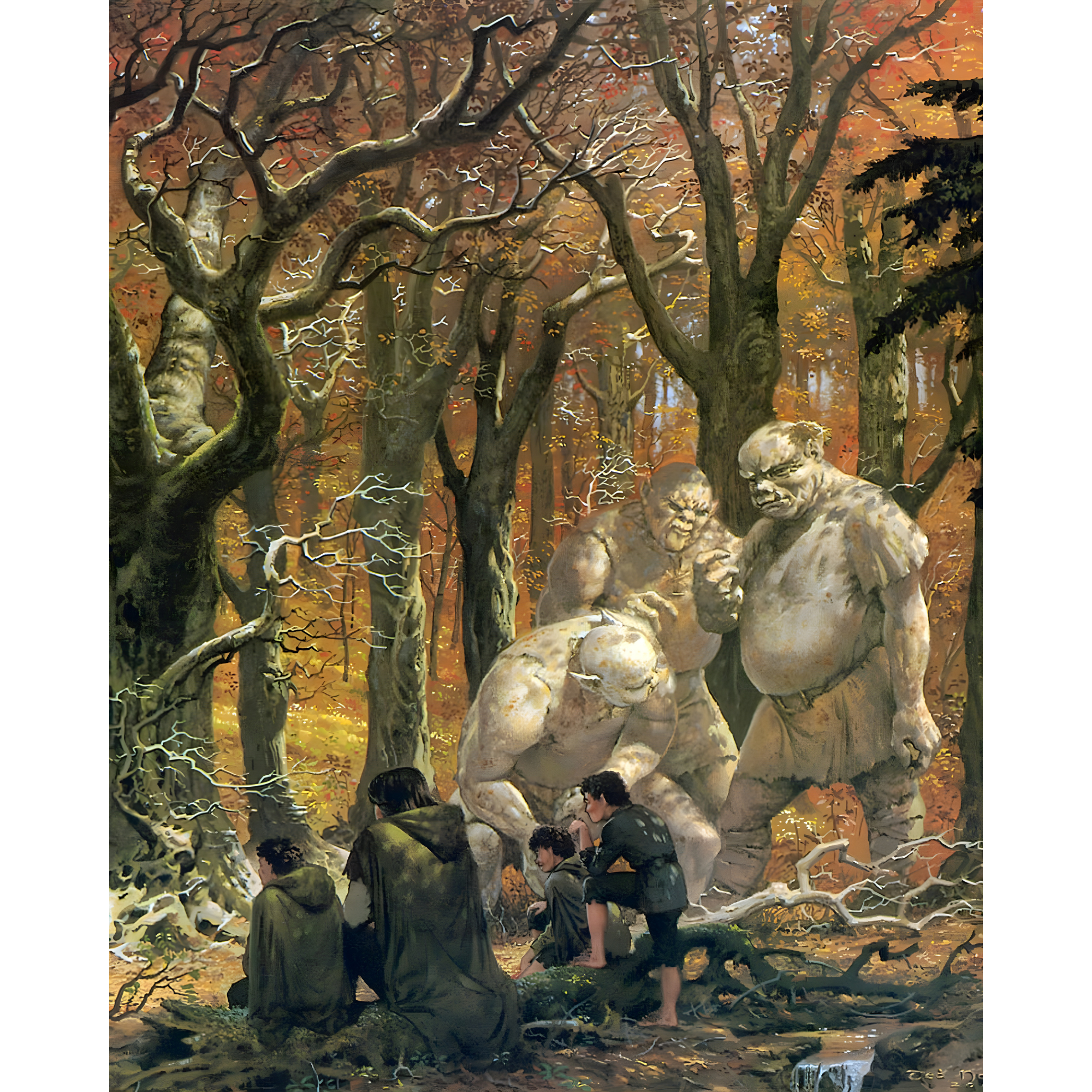 Vinyl Decal, Fantasy Forest Encounter with Large Creatures and Small Figures in Autumn Foliage Art P