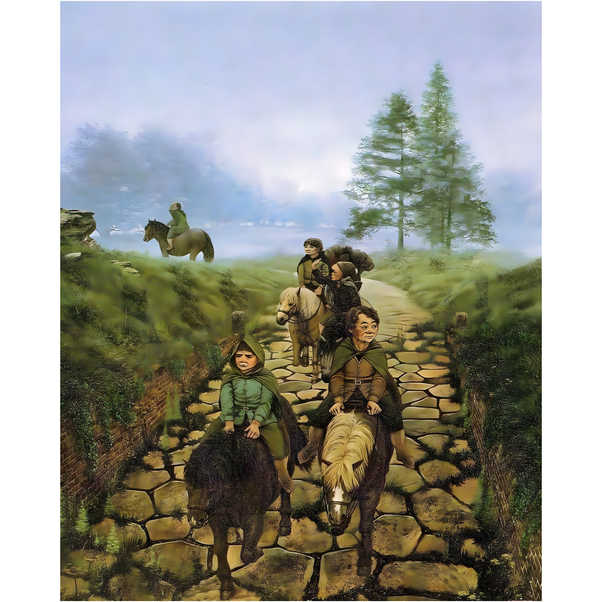 Vinyl Decal, Group of Small Figures Riding Horses on a Textured Stone Path Through a Verdant, Hilly