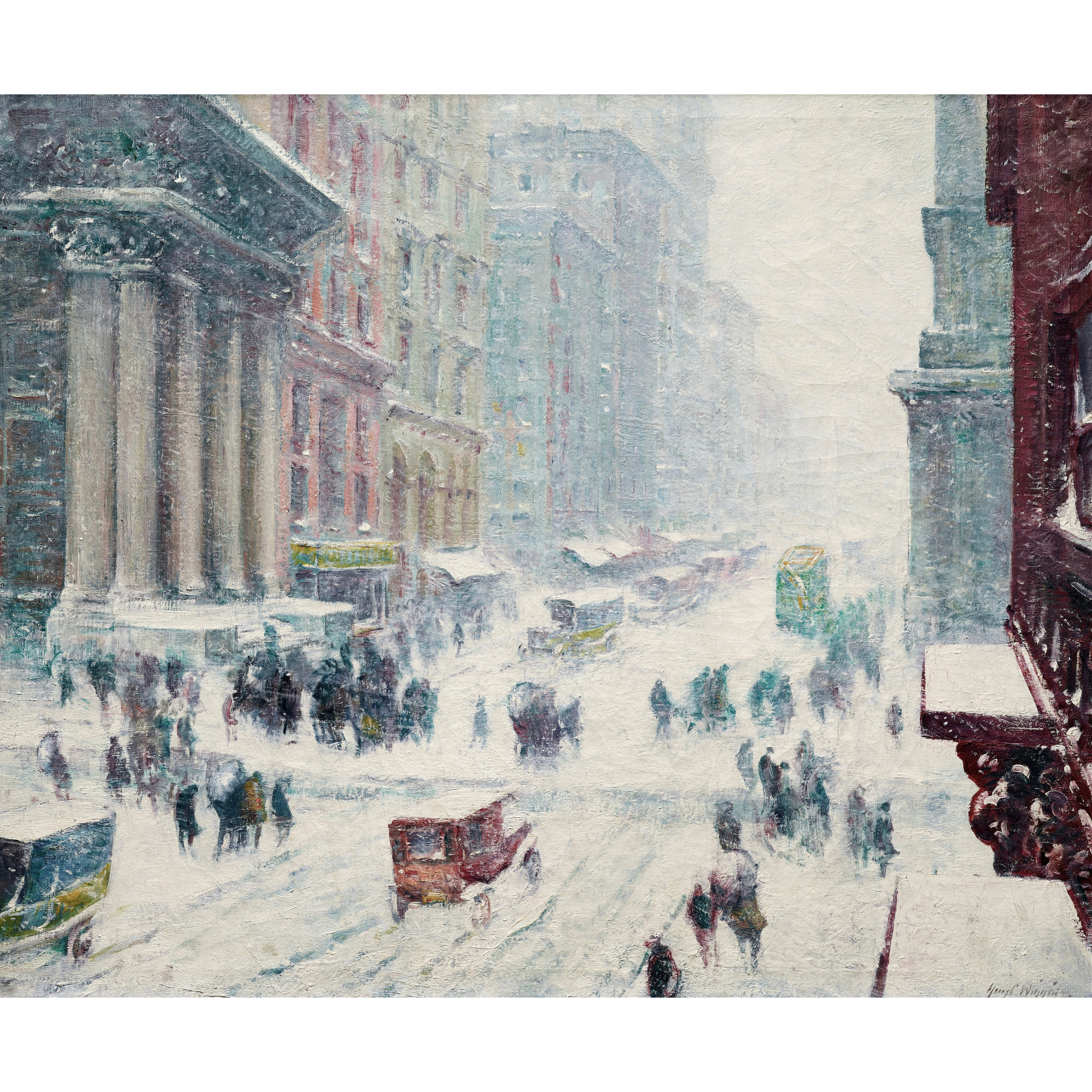 Vinyl Decal, Beautiful Depiction of a Snow-Covered Urban Landscape with Horse-Drawn Carriages and Pe