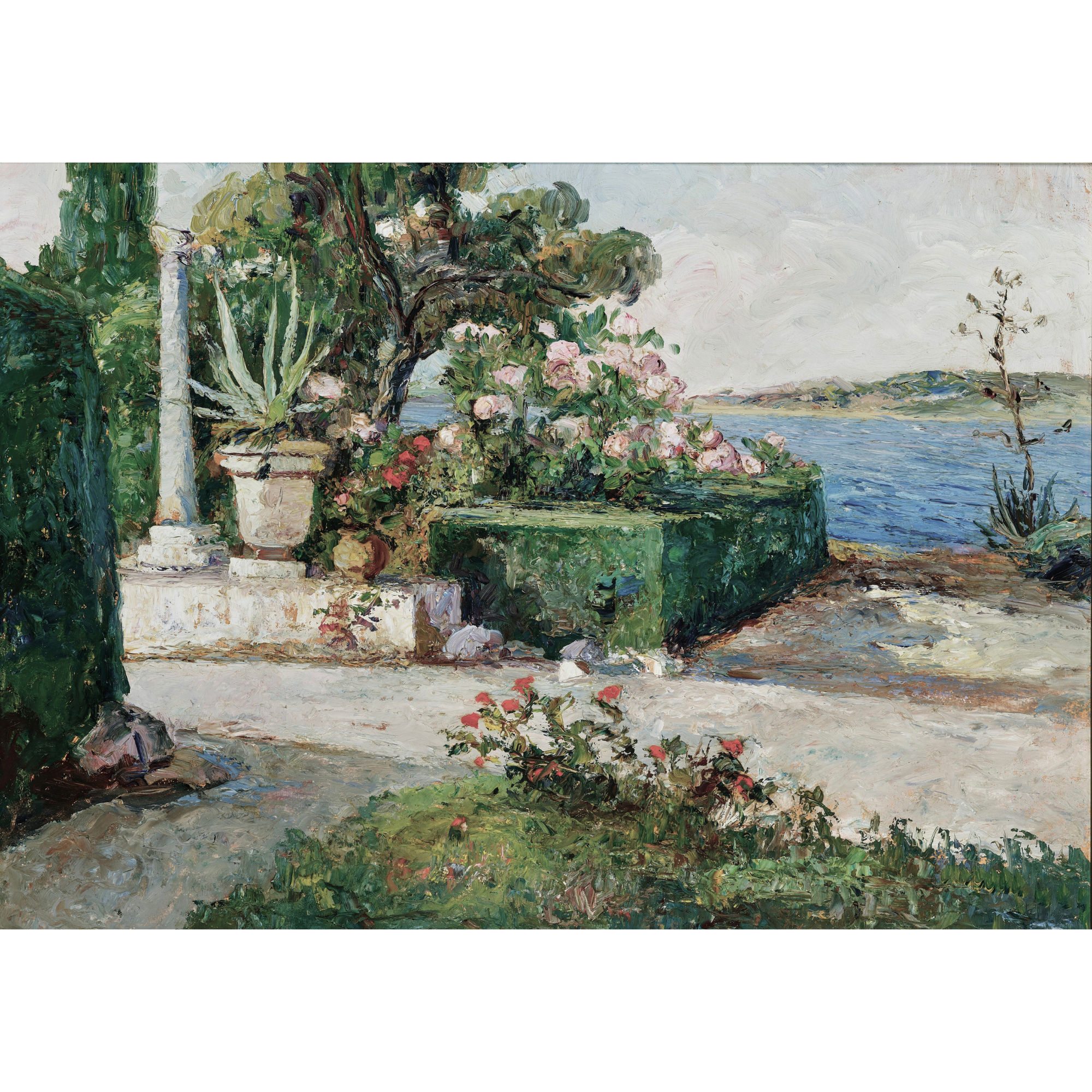 Vinyl Decal, Impressionist Coastal Garden Landscape Wall Art Print, Vintage Floral Seascape Painting