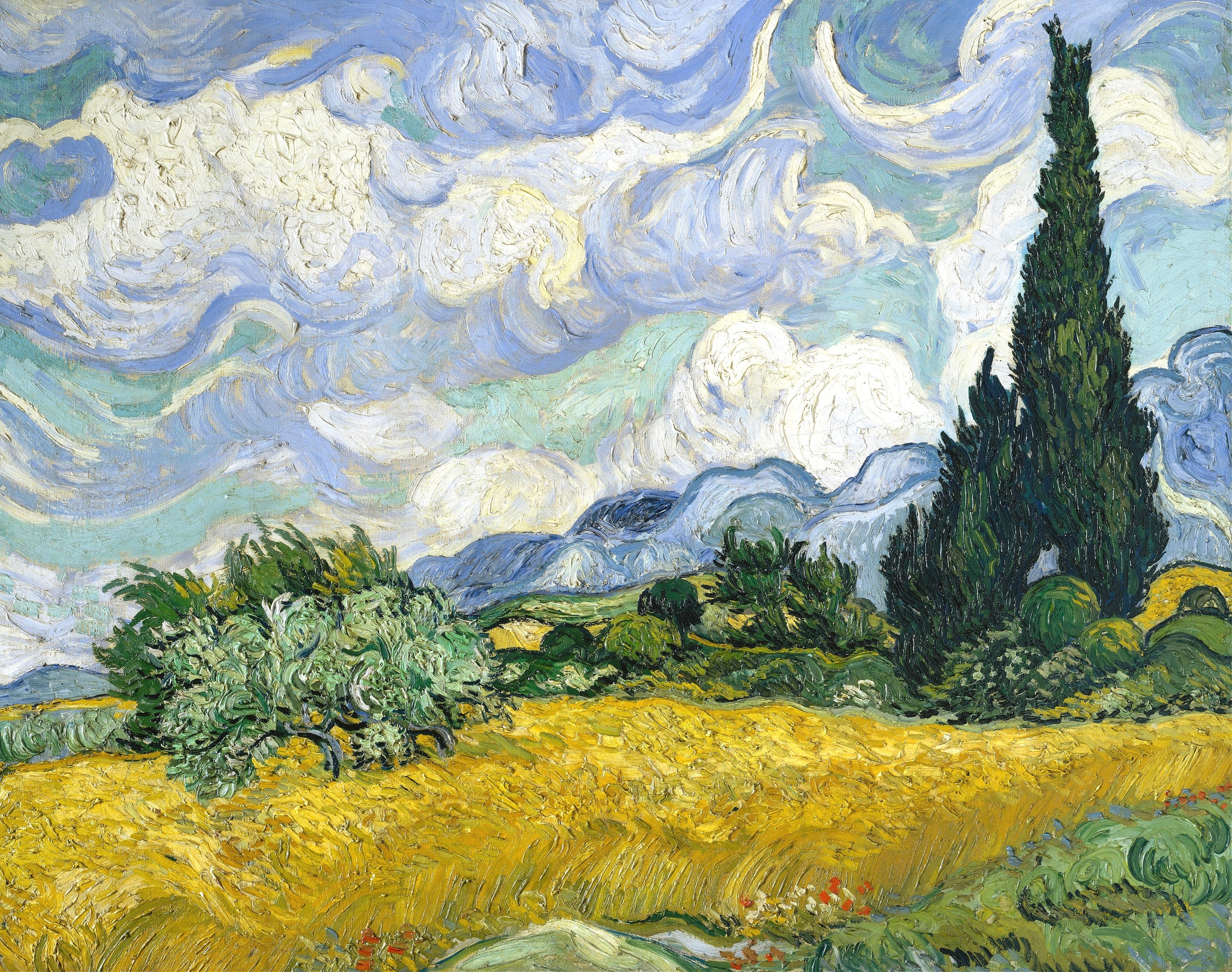 Vinyl Decal, Painting Print, Yellow Wheat Field Green Trees Blue Sky Clouds, Classic Nature Scene Wa
