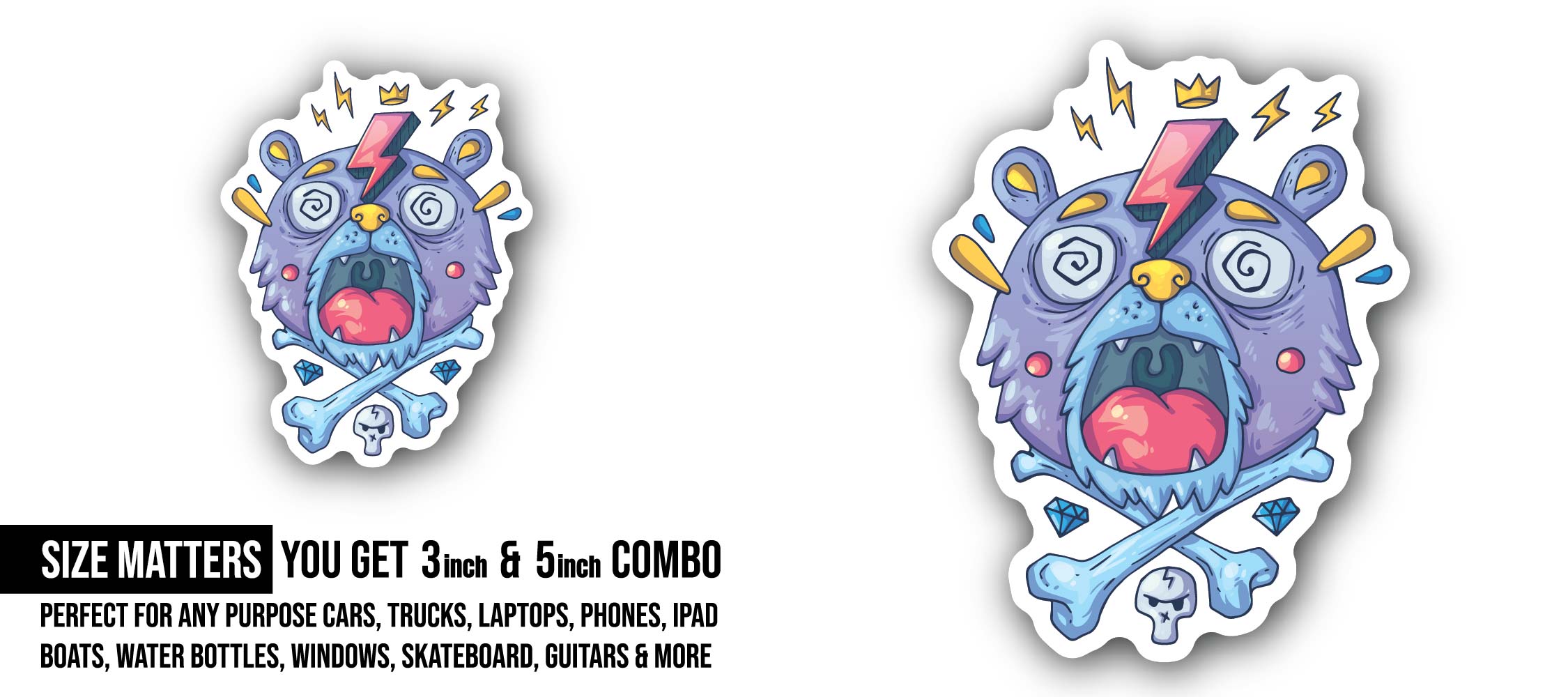 Skull Bear Sticker, Waterproof Vinyl Decal Sticker Indoor Or Outdoor 2 (Pieces) 3" and 5"