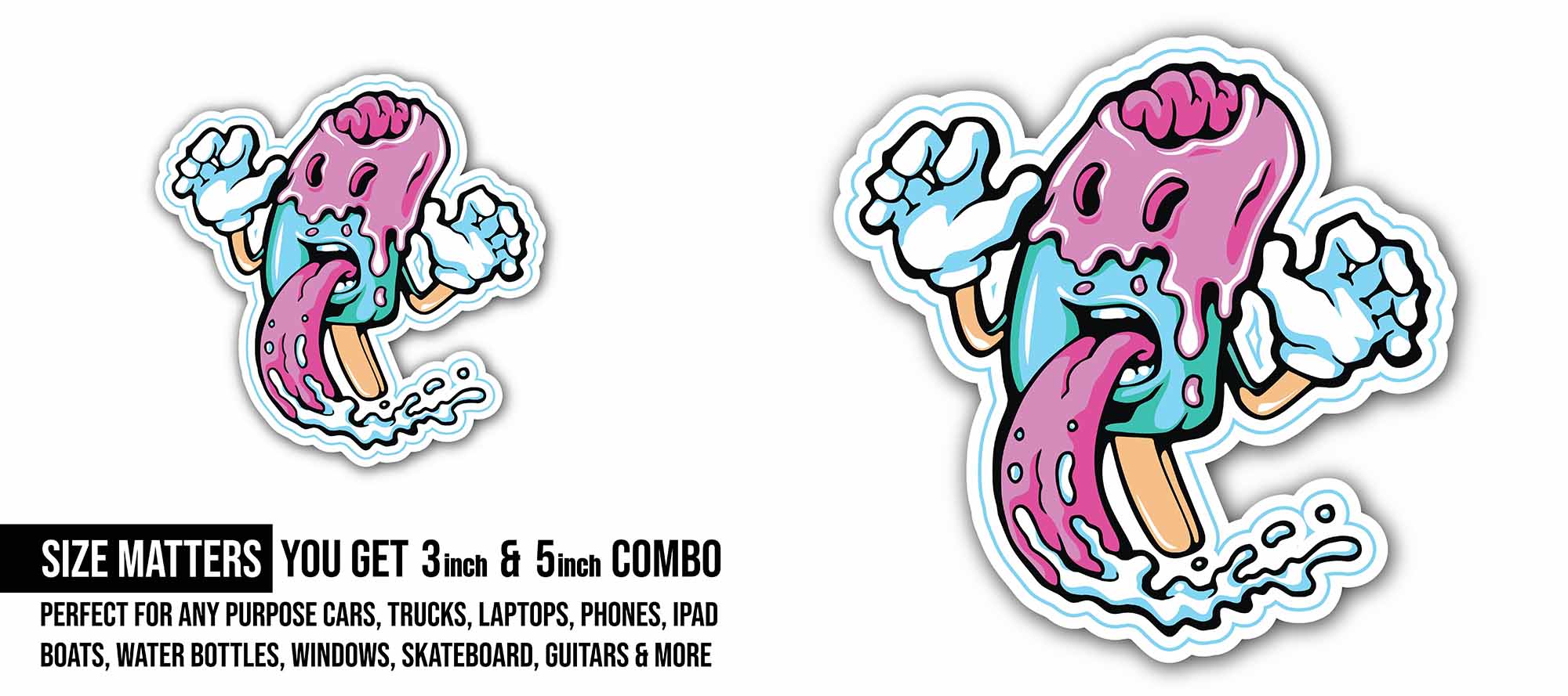 Zombie Ice cream Sticker, Waterproof Vinyl Decal Sticker Indoor Or Outdoor 2 (Pieces) 3" and 5"