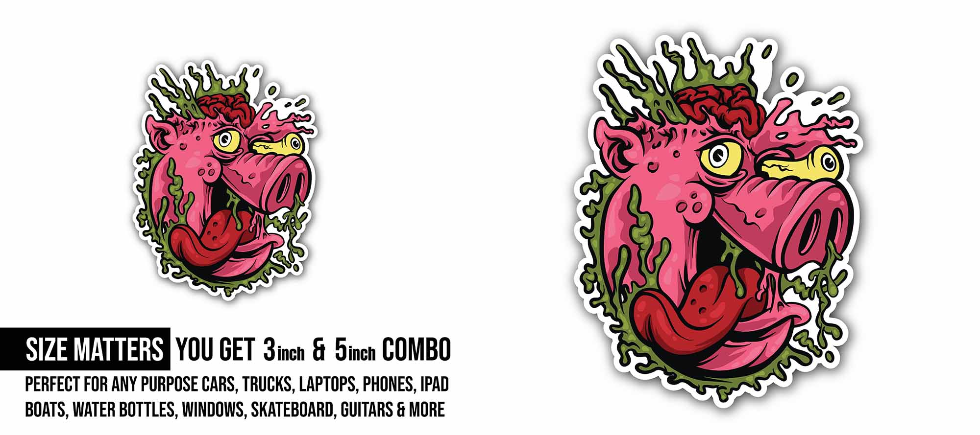 Zombie Pig Sticker, Waterproof Vinyl Decal Sticker Indoor Or Outdoor 2 (Pieces) 3" and 5"