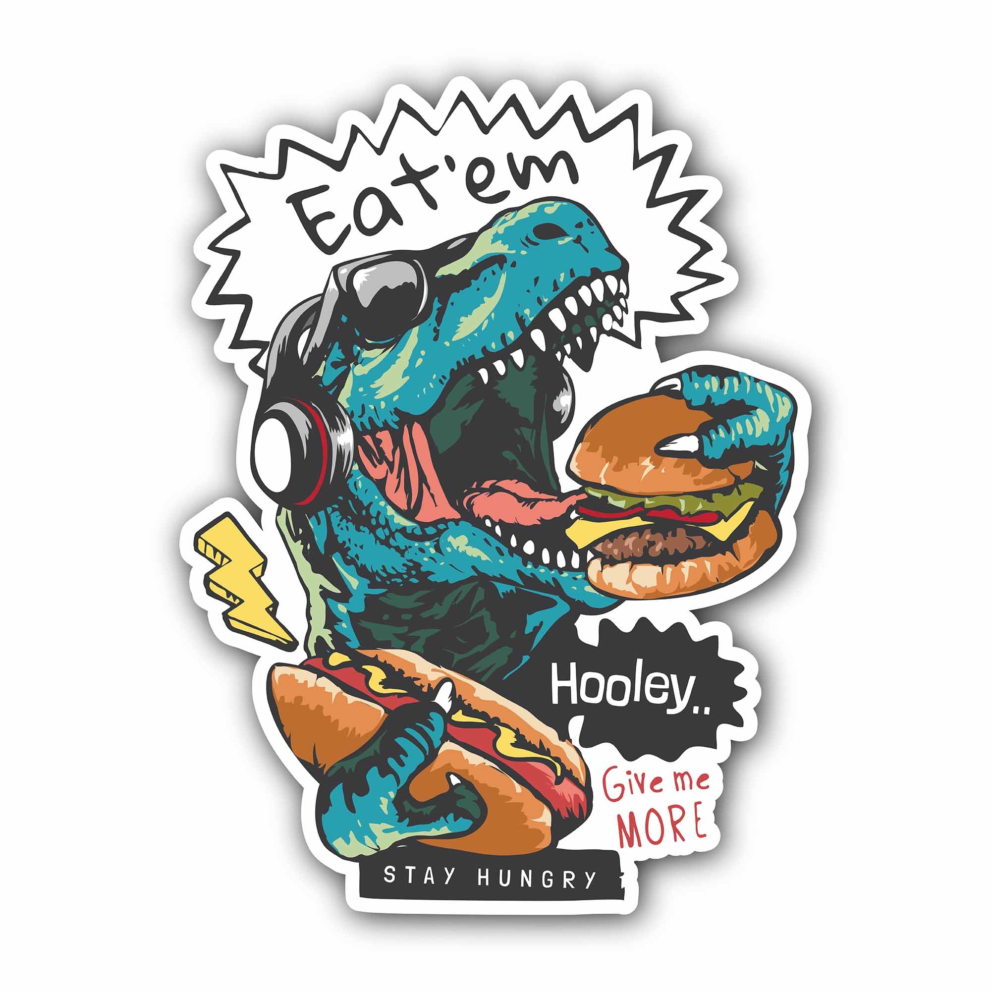Hungry Dino Sticker, Waterproof Vinyl Decal Sticker Indoor Or Outdoor 2 (Pieces) 3" and 5"