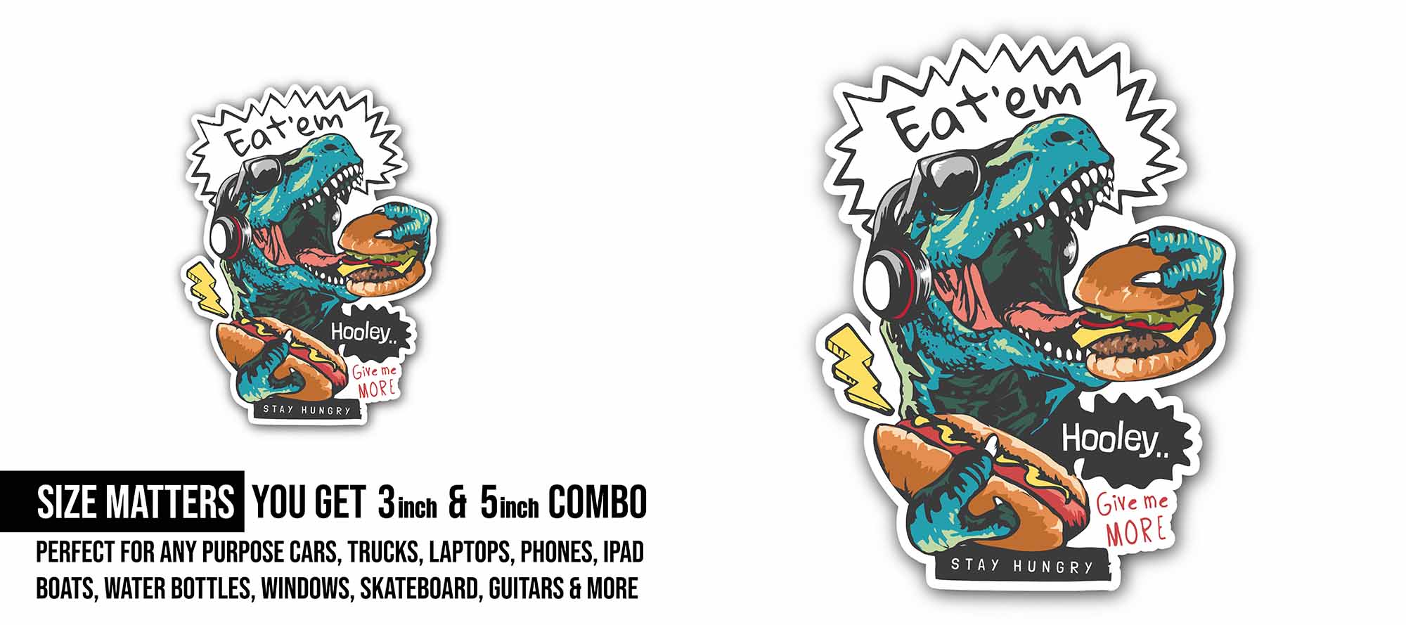 Hungry Dino Sticker, Waterproof Vinyl Decal Sticker Indoor Or Outdoor 2 (Pieces) 3" and 5"